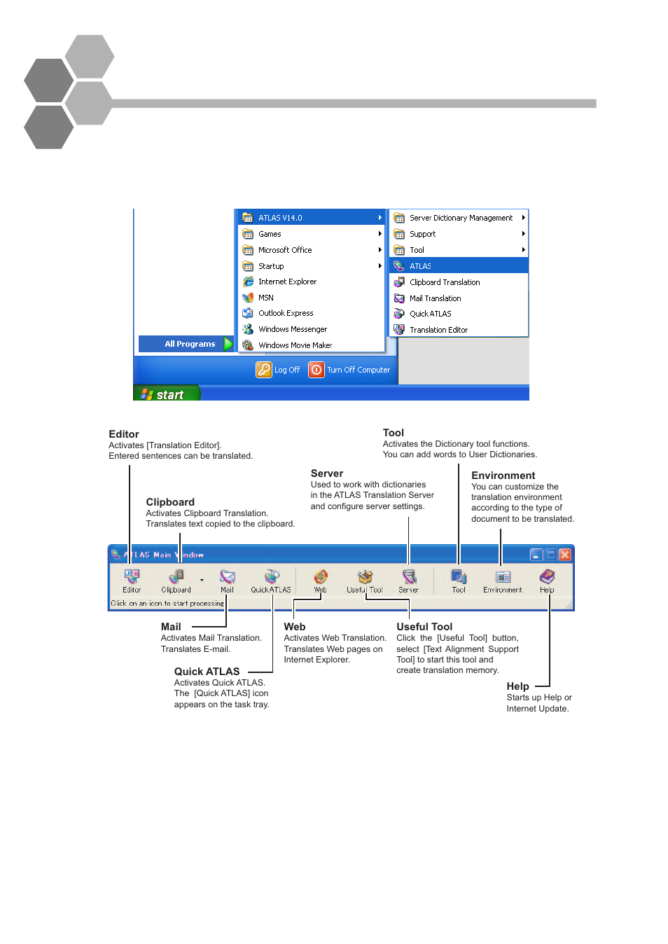 Starting atlas, You can start up atlas from the [start] menu | FUJITSU Atlas V14 BIWD-0991-01ENK(00) User Manual | Page 13 / 302