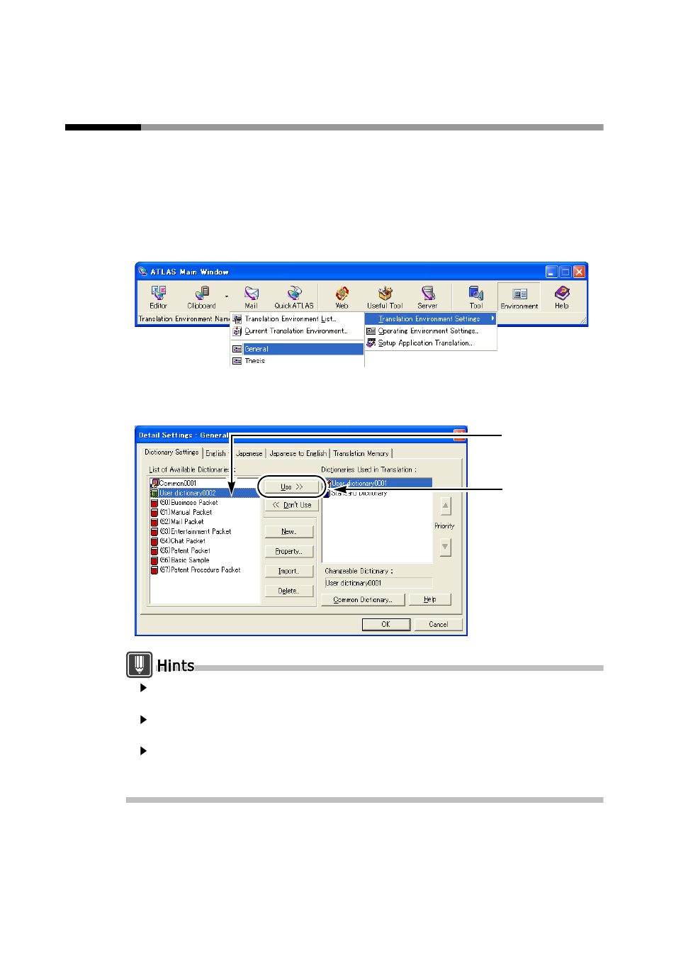 2 setting dictionaries to be used for translation, Dictionaries used in translation | FUJITSU Atlas V14 BIWD-0991-01ENK(00) User Manual | Page 135 / 302