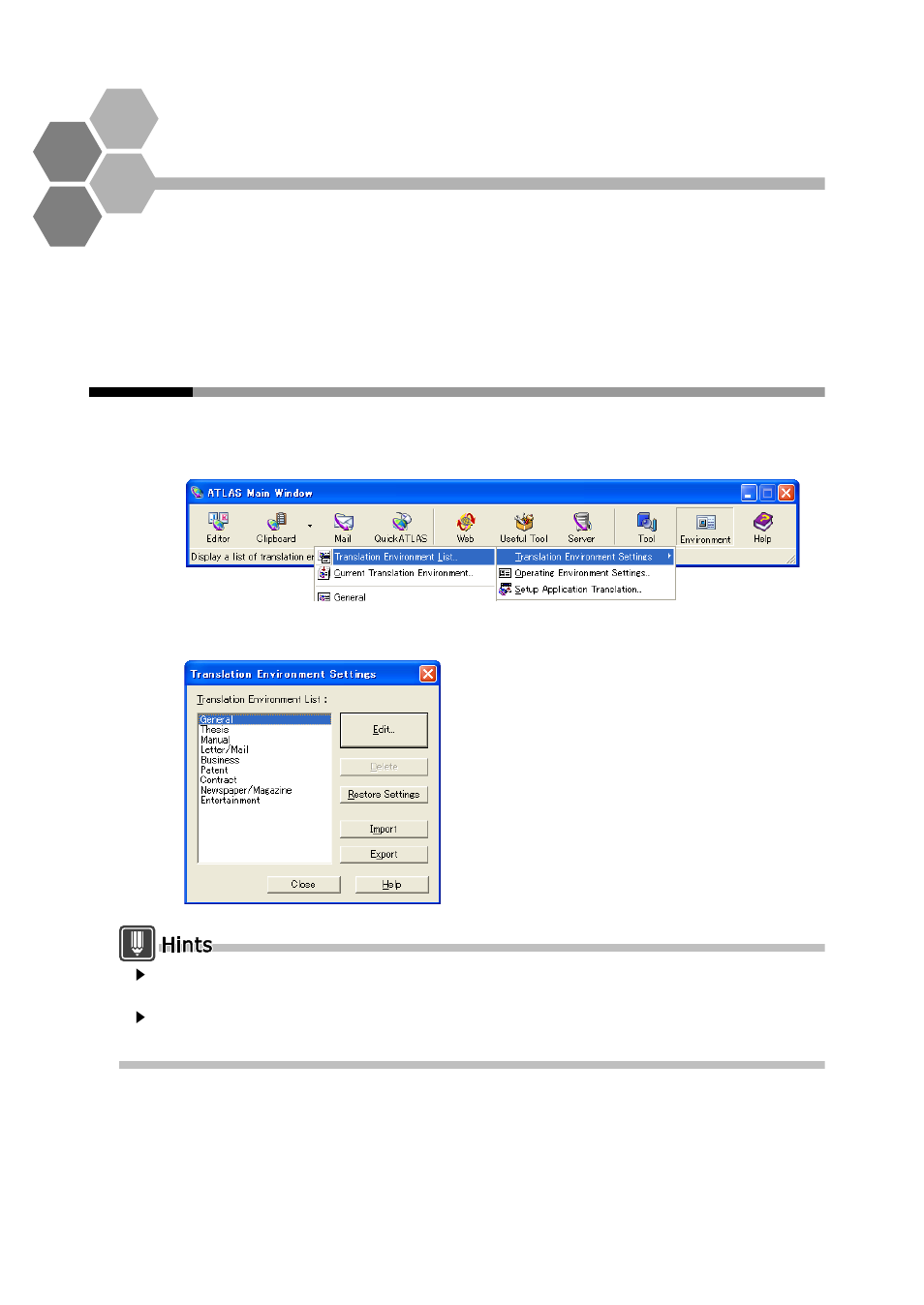 1 displaying lists of translation environments, Chapter 6 setting the translation environment, Translation environment settings | Displaying lists of translation environments | FUJITSU Atlas V14 BIWD-0991-01ENK(00) User Manual | Page 265 / 302