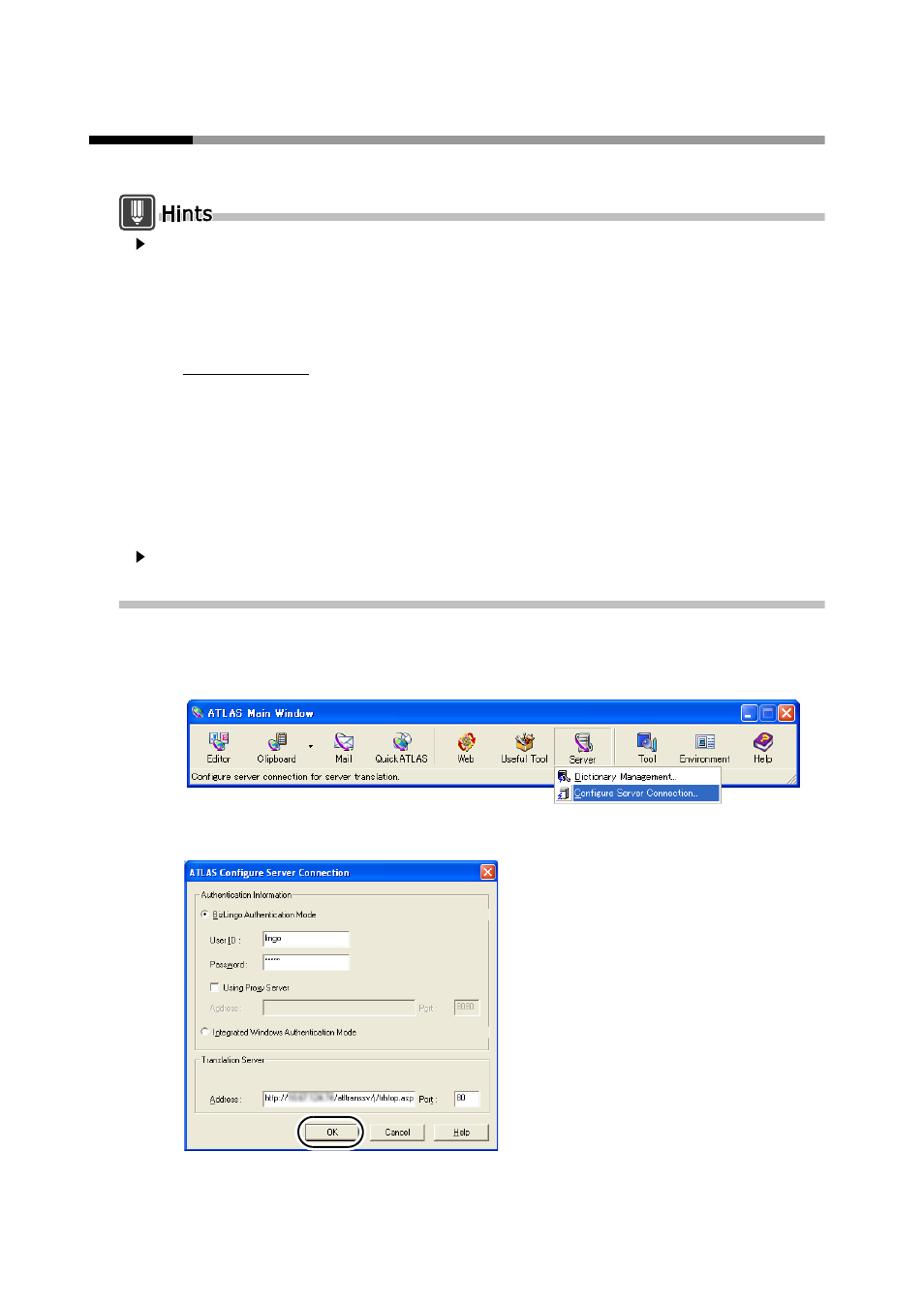 Configuring settings for connecting to the server | FUJITSU Atlas V14 BIWD-0991-01ENK(00) User Manual | Page 285 / 302