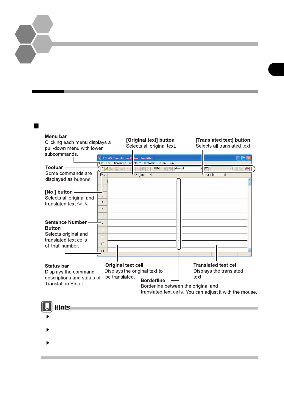 2 basic operation of translation editor, 1 [translation editor] window, Chapter 2 basic operation of translation editor | Basic operation of translation editor, Translation editor] window | FUJITSU Atlas V14 BIWD-0991-01ENK(00) User Manual | Page 62 / 302