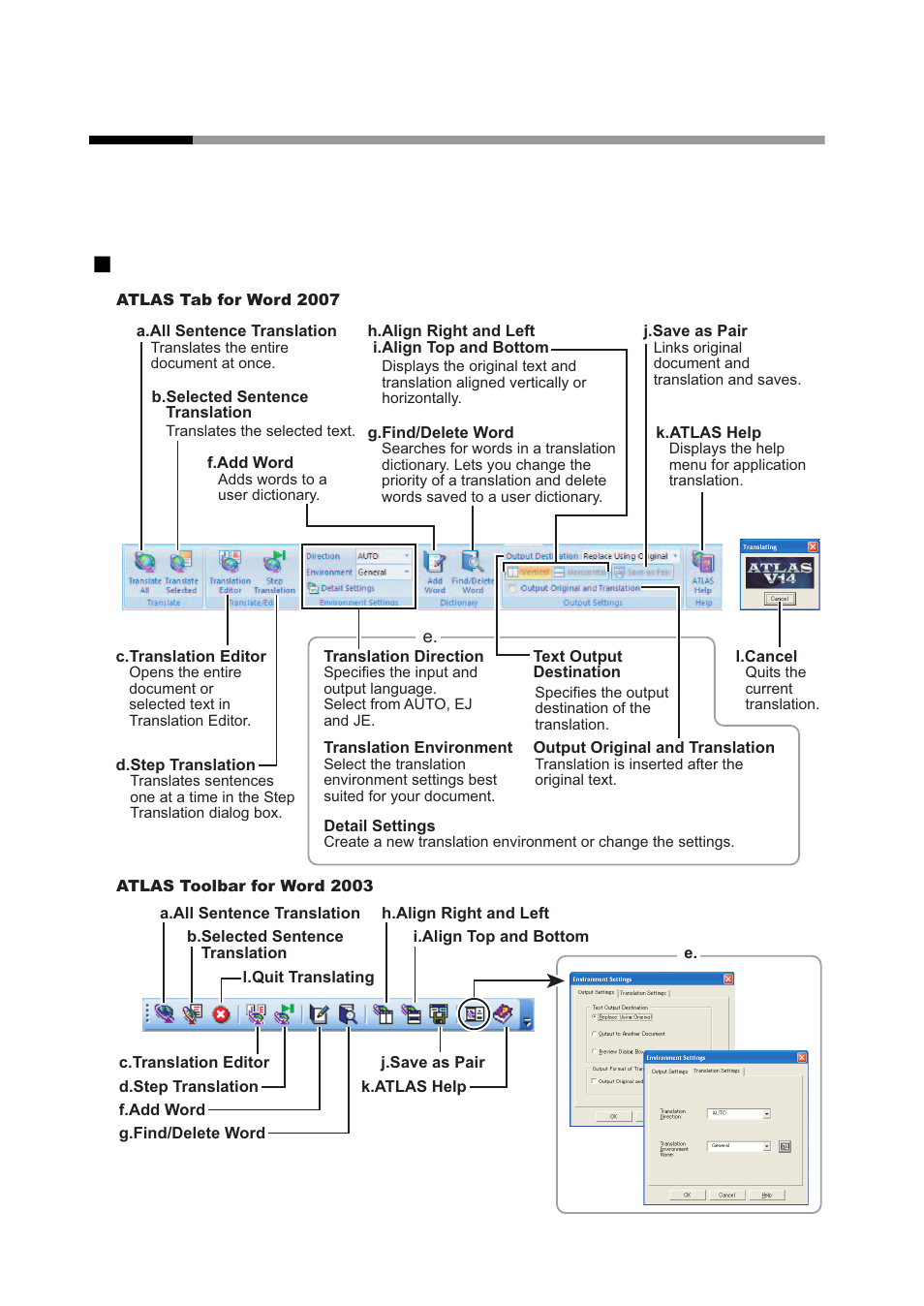 3 translating a word file, Translating a word file, Atlas tab and atlas toolbar | FUJITSU Atlas V14 BIWD-0991-01ENK(00) User Manual | Page 97 / 302