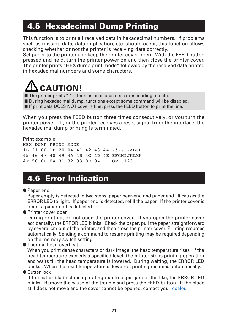 5 hexadecimal dump printing, Caution, 6 error indication | FUJITSU KD96009-0648 User Manual | Page 24 / 30