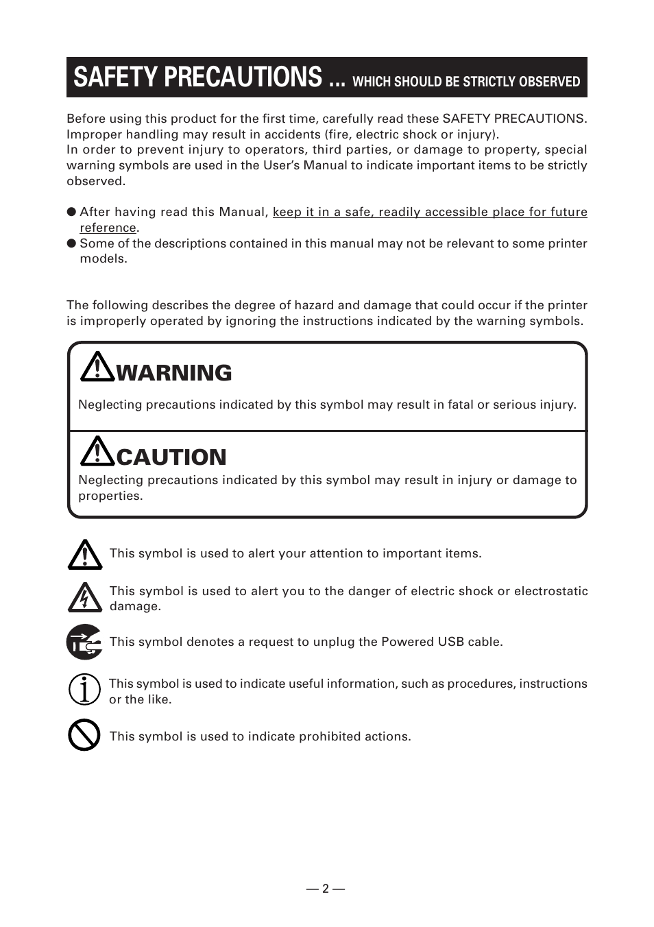 Safety precautions, Warning, Caution | FUJITSU KD96009-0648 User Manual | Page 5 / 30
