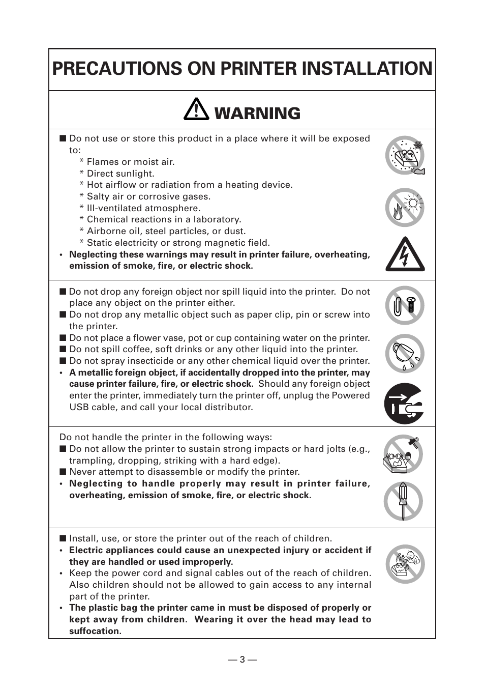 Precautions on printer installation, Warning | FUJITSU KD96009-0648 User Manual | Page 6 / 30
