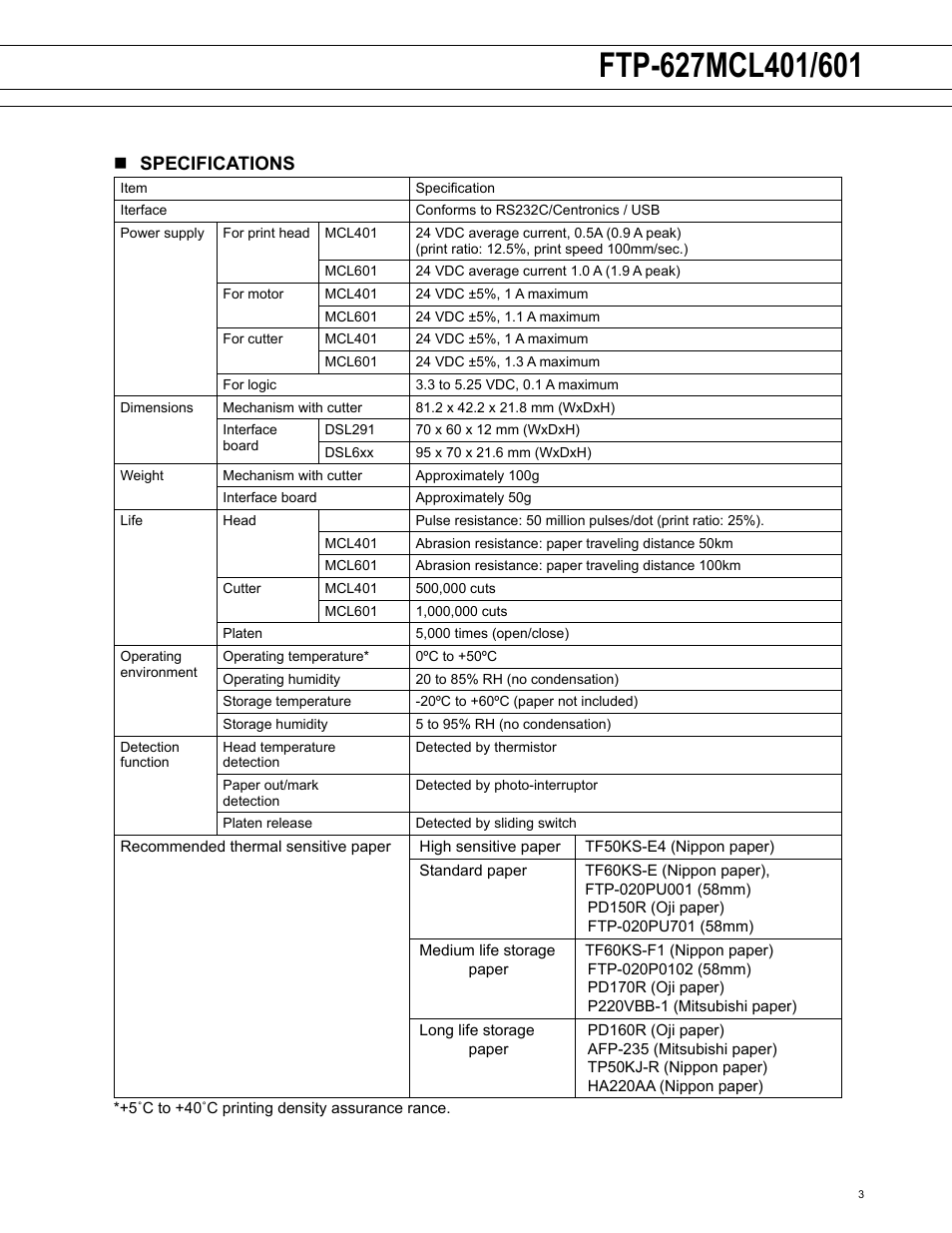 Nspecifications | FUJITSU FTP-607 Series User Manual | Page 3 / 7
