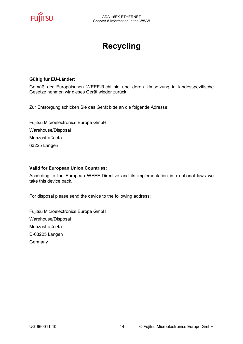 Recycling | FUJITSU FMC-16FX FAMILY User Manual | Page 14 / 14