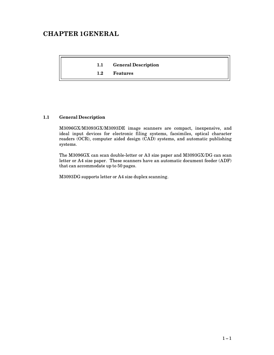 Chapter 1general, 1 general description, Chapter 1 | General, General description | FUJITSU M3093DG User Manual | Page 13 / 208