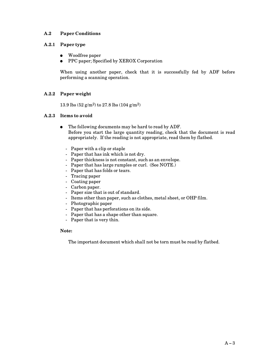 A.2 paper conditions, A.2.1 paper type, A.2.2 paper weight | A.2.3 items to avoid, Paper conditions, A $ 3, A.2.1, Paper type, A.2.2, Paper weight | FUJITSU M3093DG User Manual | Page 171 / 208