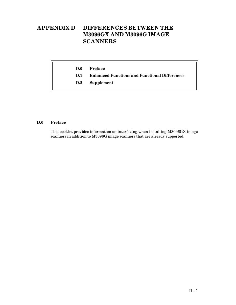 D.0 preface, Appendix d differences between the m3096gx and, M3096g image scanners | D $ 1, Preface | FUJITSU M3093DG User Manual | Page 183 / 208