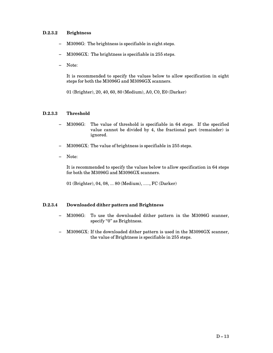 D.2.3.1 resolution, D.2.3.2 brightness, D.2.3.3 threshold | D.2.3.4 downloaded dither pattern and brightness, D $ 12, D $ 13 | FUJITSU M3093DG User Manual | Page 195 / 208