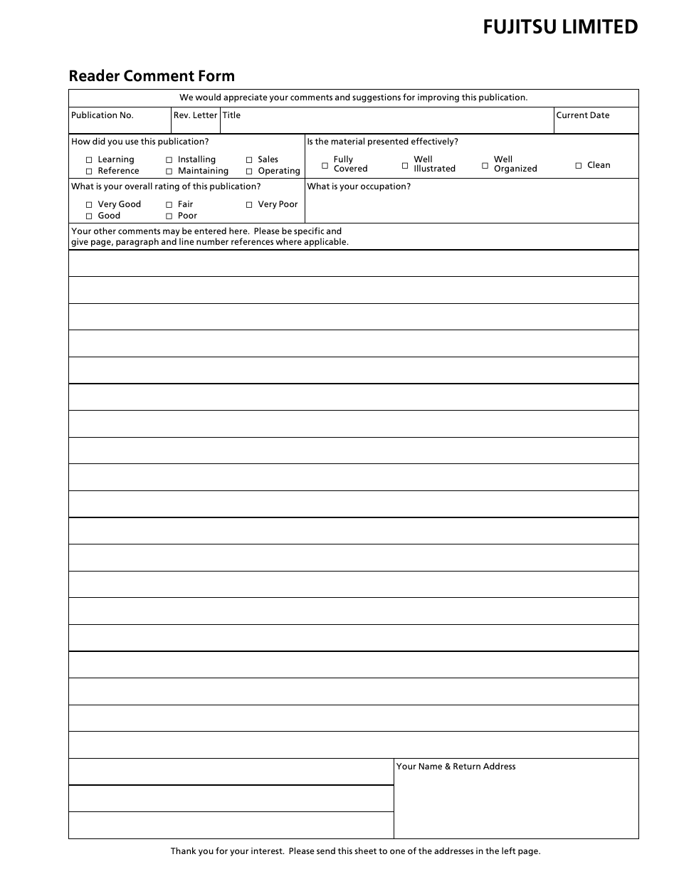 Reader comment form, Fujitsu limited | FUJITSU M3093DG User Manual | Page 206 / 208