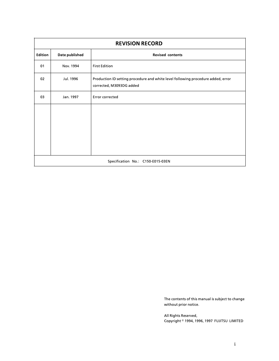 Revision record | FUJITSU M3093DG User Manual | Page 3 / 208