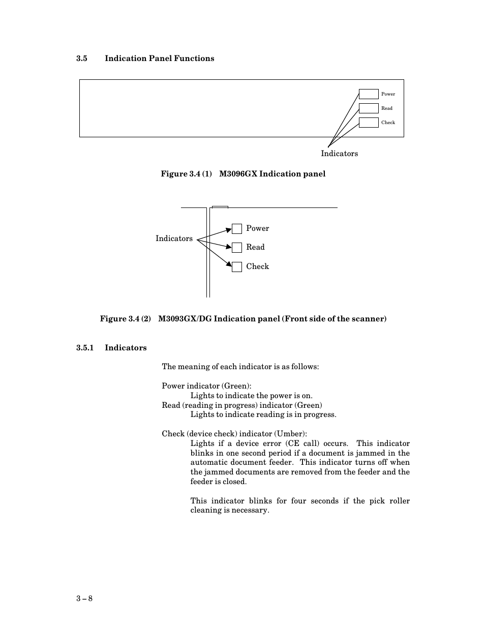 5 indication panel functions a, 1 indicators, Indication panel functions | Indicators, M3096gx/m3093gx/dg indication panel $ 8 | FUJITSU M3093DG User Manual | Page 32 / 208