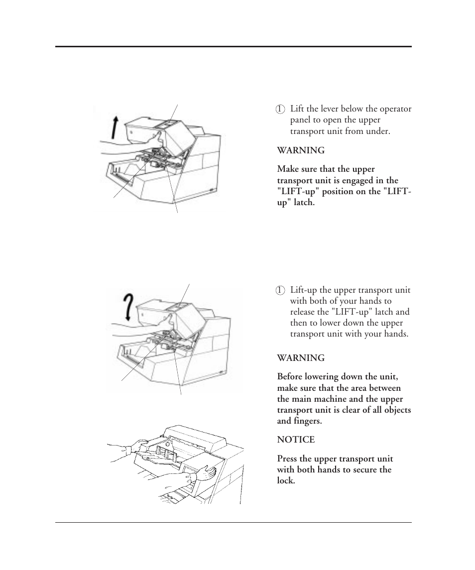 Opening the upper transport unit, Closing the upper transport unit | FUJITSU M3099EX/EH User Manual | Page 132 / 228