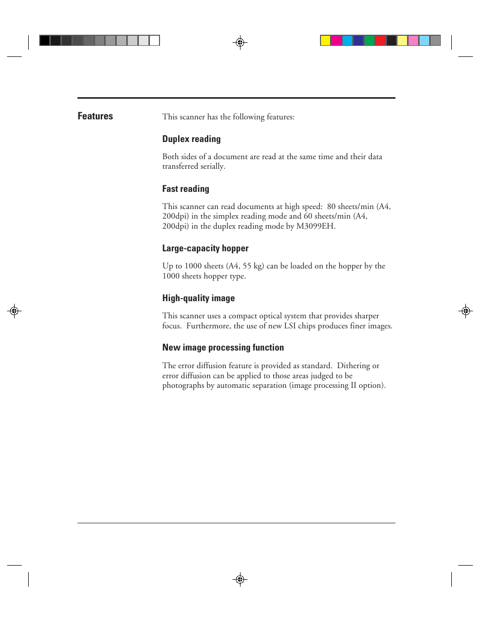 Features, Duplex reading, Fast reading | Large-capacity hopper, High-quality image, New image processing function, Features -4 | FUJITSU M3099EX/EH User Manual | Page 16 / 228