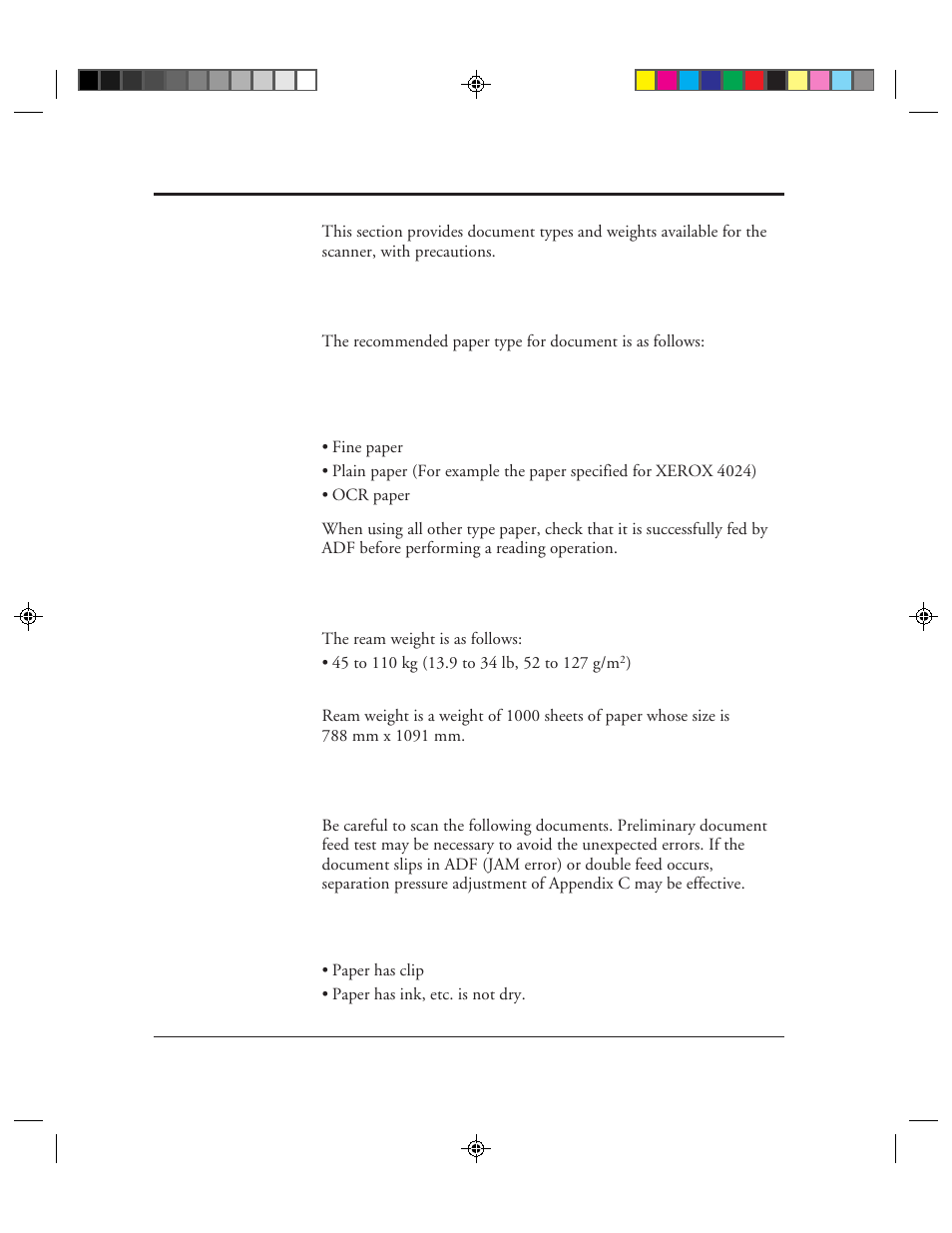 Document quality, Document type, Ream weight | Precautions, Document quality -2, Document type -2 ream weight -2 precautions -2 | FUJITSU M3099EX/EH User Manual | Page 178 / 228