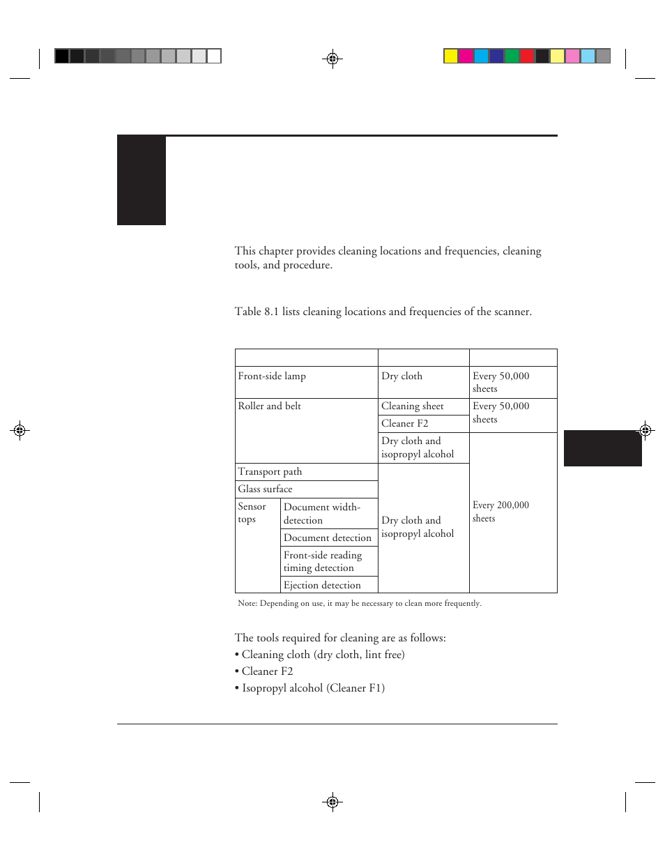 Cleaning, Cleaning locations and frequencies, Cleaning tools | 1 cleaning locations and frequencies -1, Chapter 8: cleaning | FUJITSU M3099EX/EH User Manual | Page 187 / 228