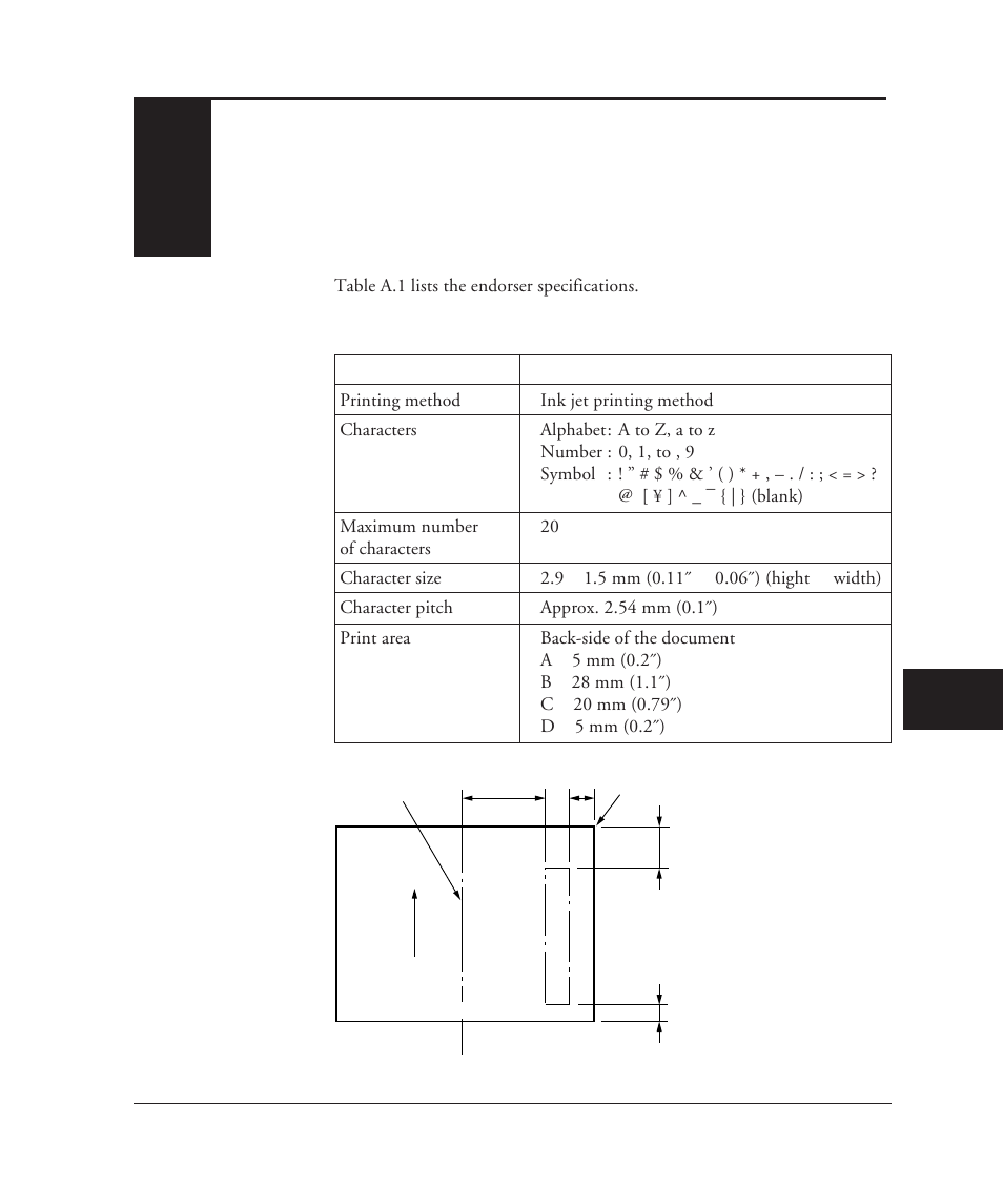 Endorser, A1. specifications, Appendix a: endorser | Ab c ····s t | FUJITSU M3099EX/EH User Manual | Page 197 / 228