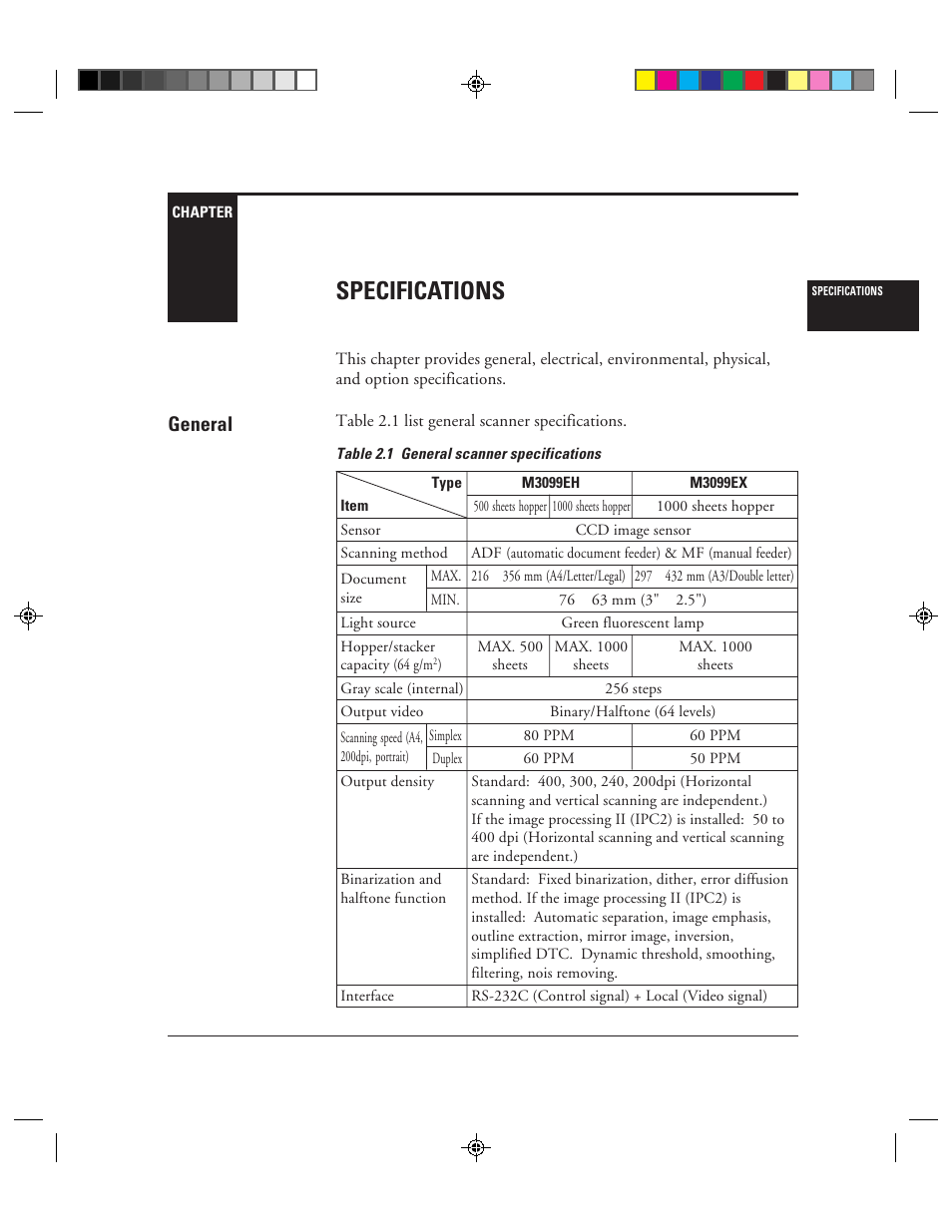 Specifications, General, Specifications -1 general -1 | 1 general scanner specifications -1, Chapter 2: specifications | FUJITSU M3099EX/EH User Manual | Page 23 / 228