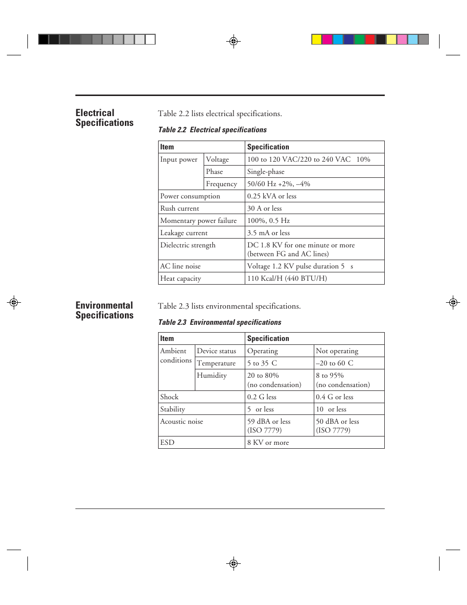 Electrical specifications, Environmental specifications | FUJITSU M3099EX/EH User Manual | Page 24 / 228