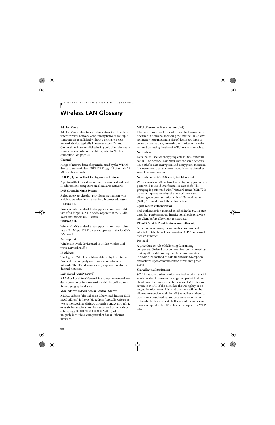 Wireless lan glossary | FUJITSU LifeBook Tablet PC T4220 User Manual | Page 114 / 136