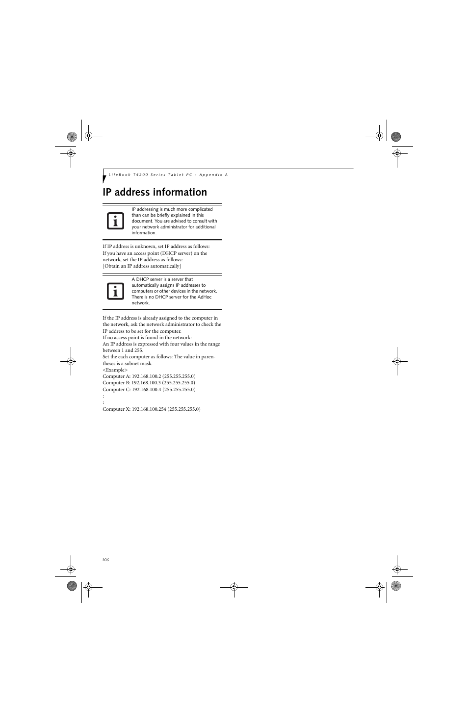 Ip address information | FUJITSU LifeBook Tablet PC T4220 User Manual | Page 116 / 136
