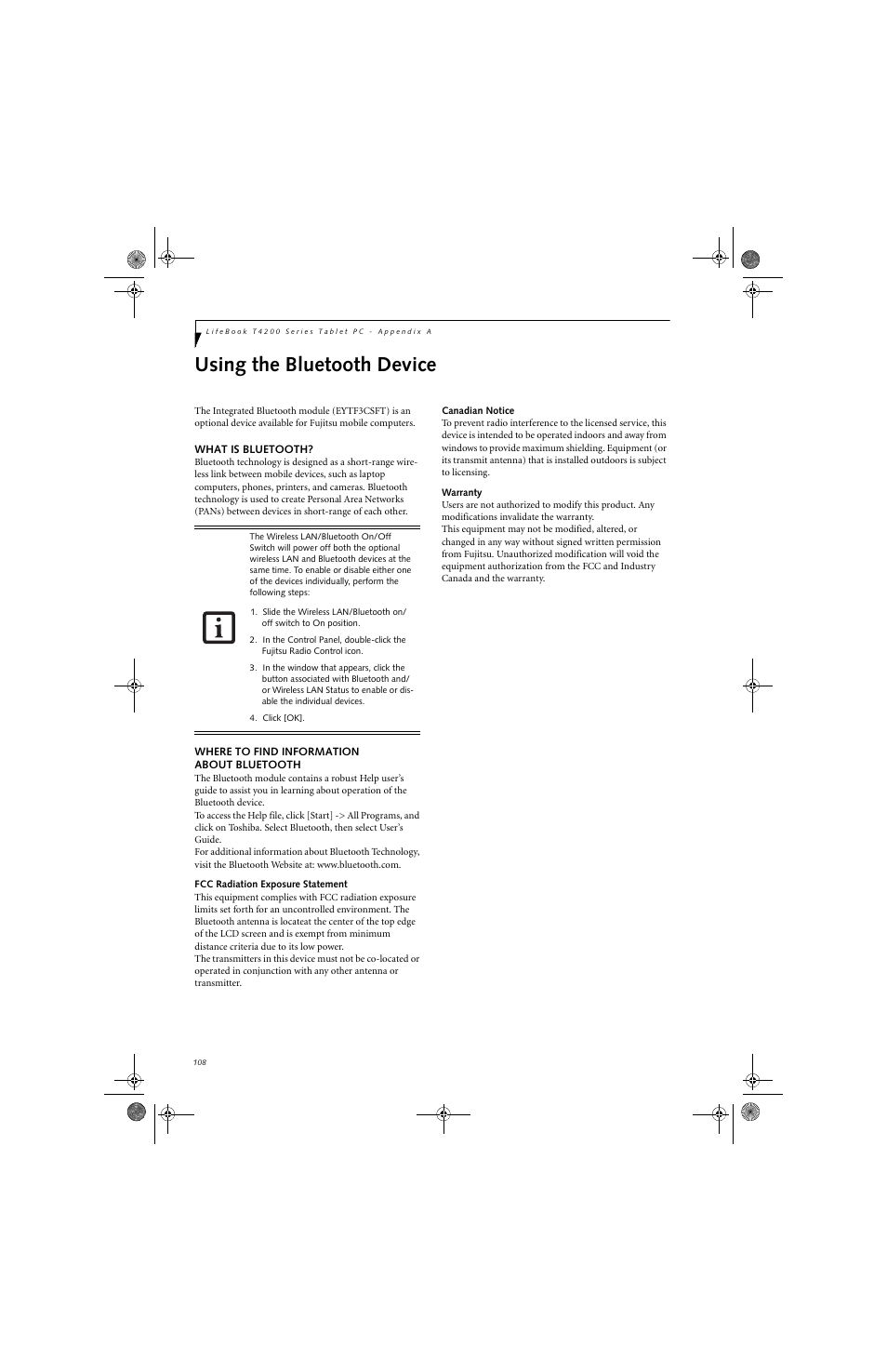 Using the bluetooth device | FUJITSU LifeBook Tablet PC T4220 User Manual | Page 118 / 136