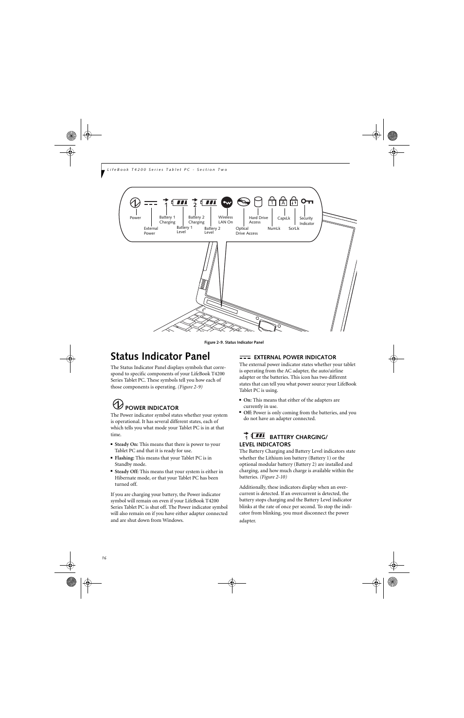 Status indicator panel | FUJITSU LifeBook Tablet PC T4220 User Manual | Page 24 / 136