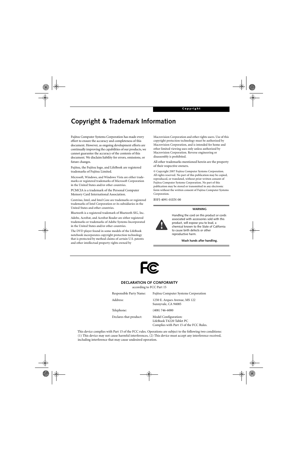 Copyright & trademark information | FUJITSU LifeBook Tablet PC T4220 User Manual | Page 3 / 136