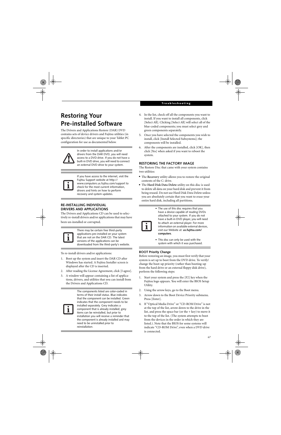 Restoring your pre-installed software | FUJITSU LifeBook Tablet PC T4220 User Manual | Page 77 / 136