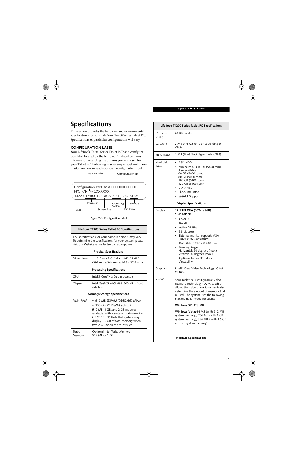 Specifications | FUJITSU LifeBook Tablet PC T4220 User Manual | Page 87 / 136
