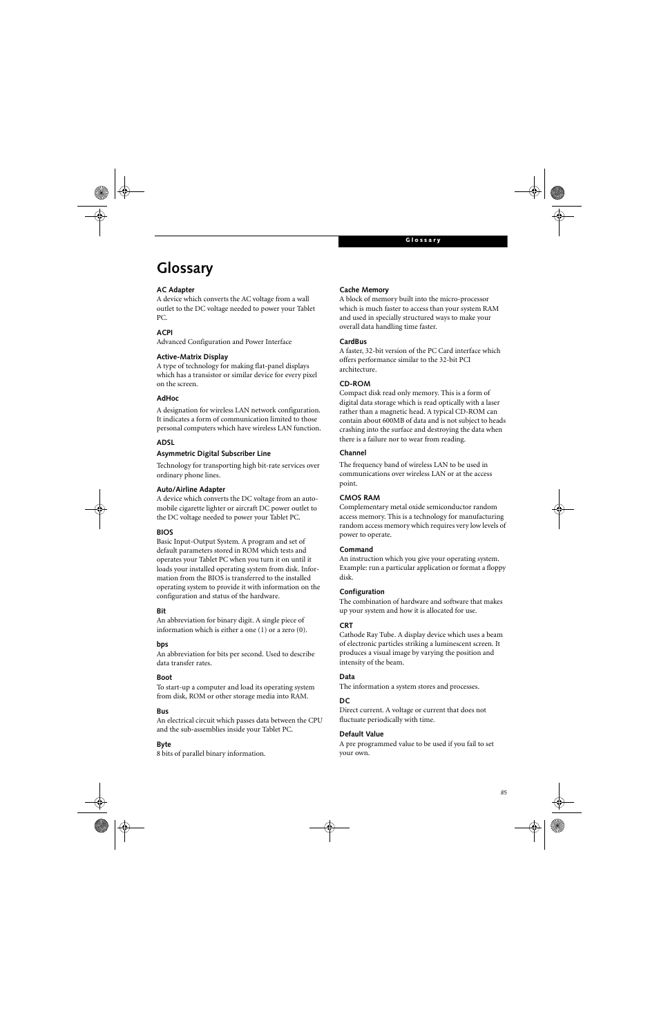 Glossary | FUJITSU LifeBook Tablet PC T4220 User Manual | Page 95 / 136