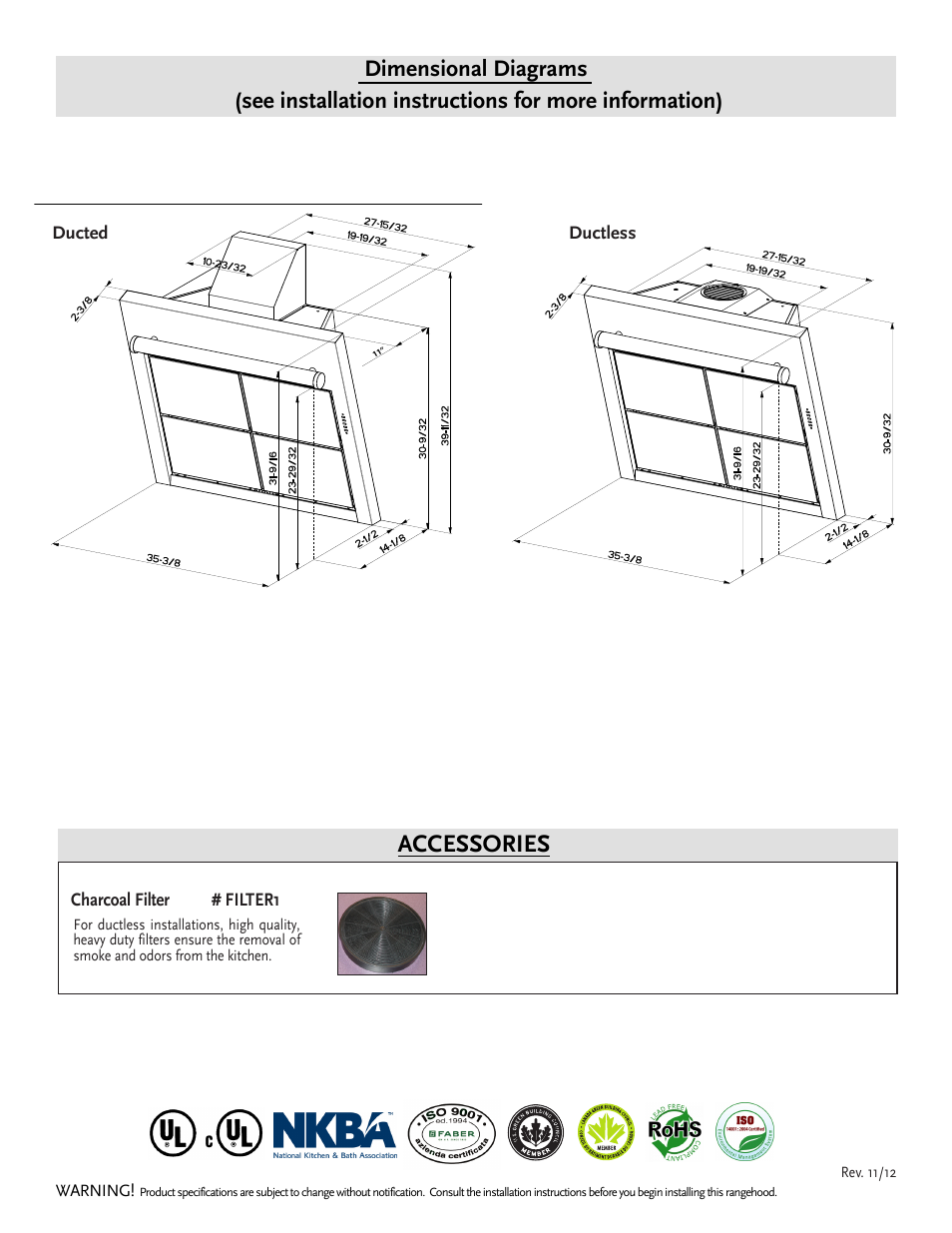Accessories, Dimensional diagrams | Faber Matrix 630003947 User Manual | Page 2 / 2