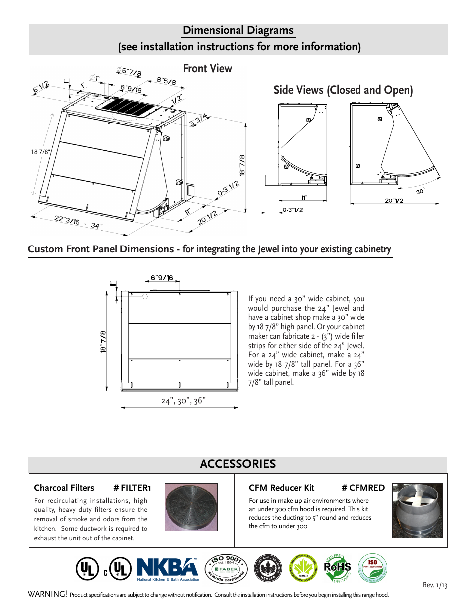 Accessories, Side views (closed and open) front view, Dimensional diagrams | Faber JEWL2430 User Manual | Page 2 / 2