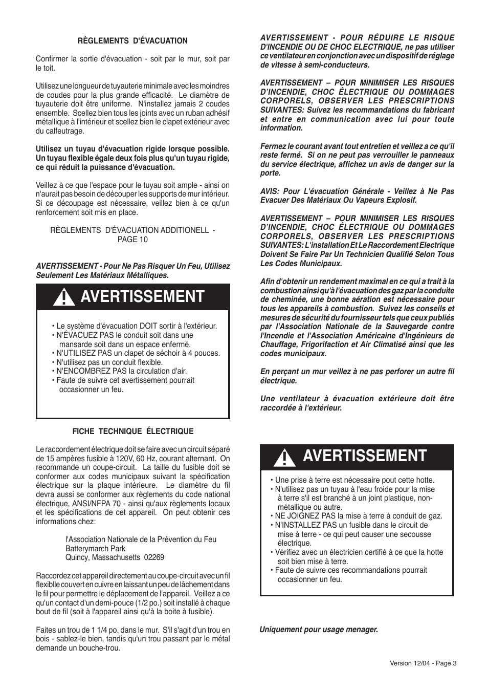 Avertissement | Faber Diamante User Manual | Page 3 / 9