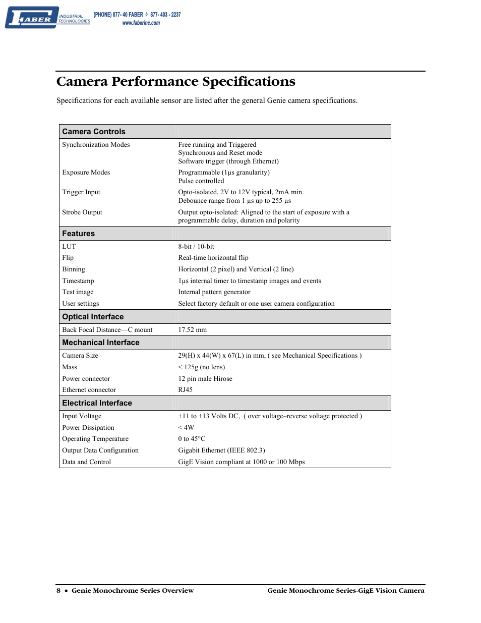 Camera performance specifications, Camera performance, Specifications | Faber Genie M1600 User Manual | Page 10 / 127