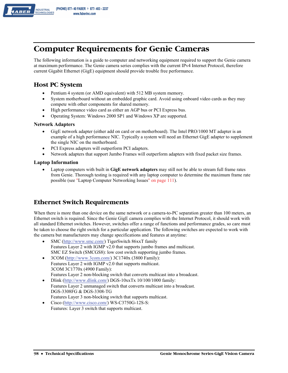 Computer requirements for genie cameras, Host pc system, Ethernet switch requirements | Faber Genie M1600 User Manual | Page 100 / 127