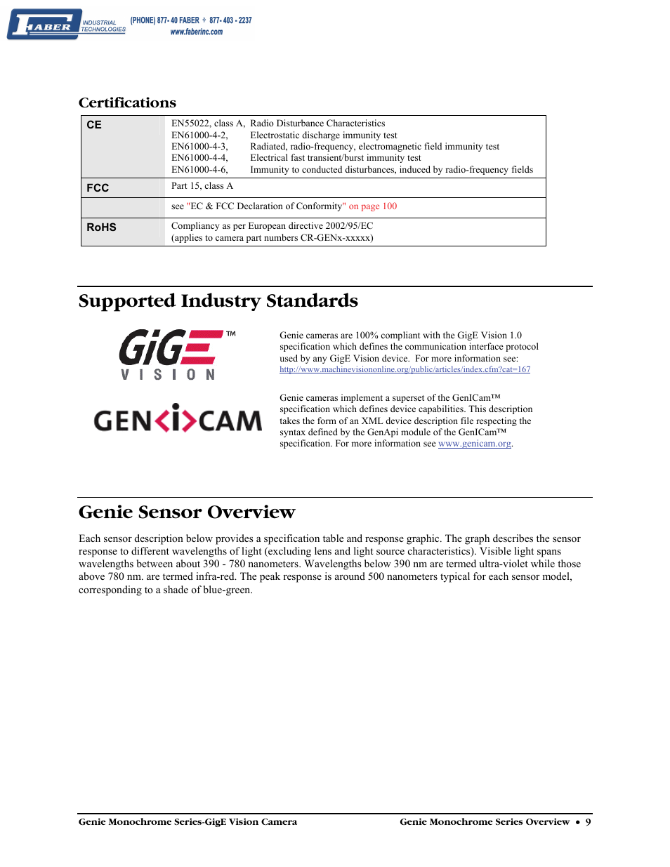 Certifications, Supported industry standards, Genie sensor overview | Faber Genie M1600 User Manual | Page 11 / 127