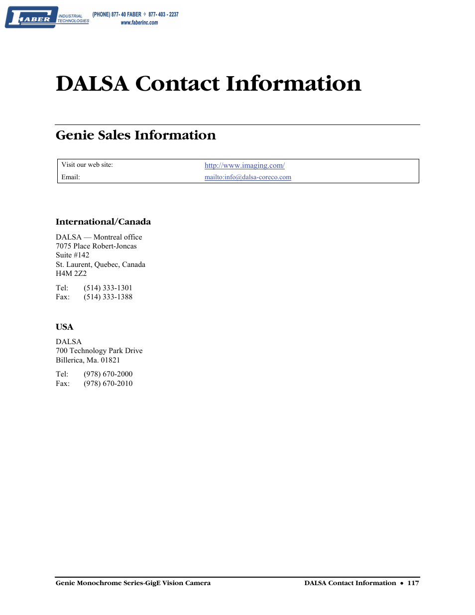 Dalsa contact information, Genie sales information | Faber Genie M1600 User Manual | Page 119 / 127