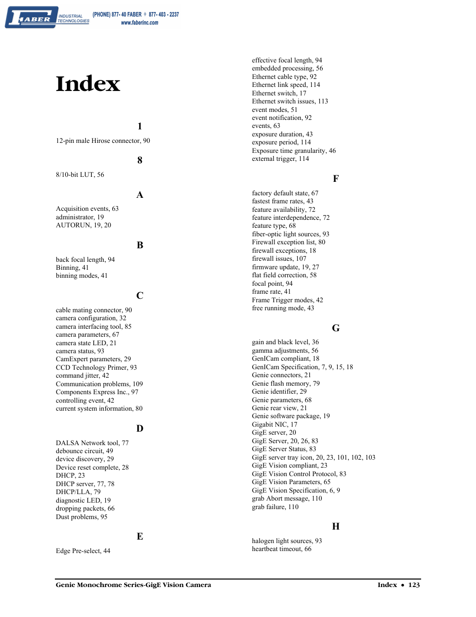 Index | Faber Genie M1600 User Manual | Page 125 / 127