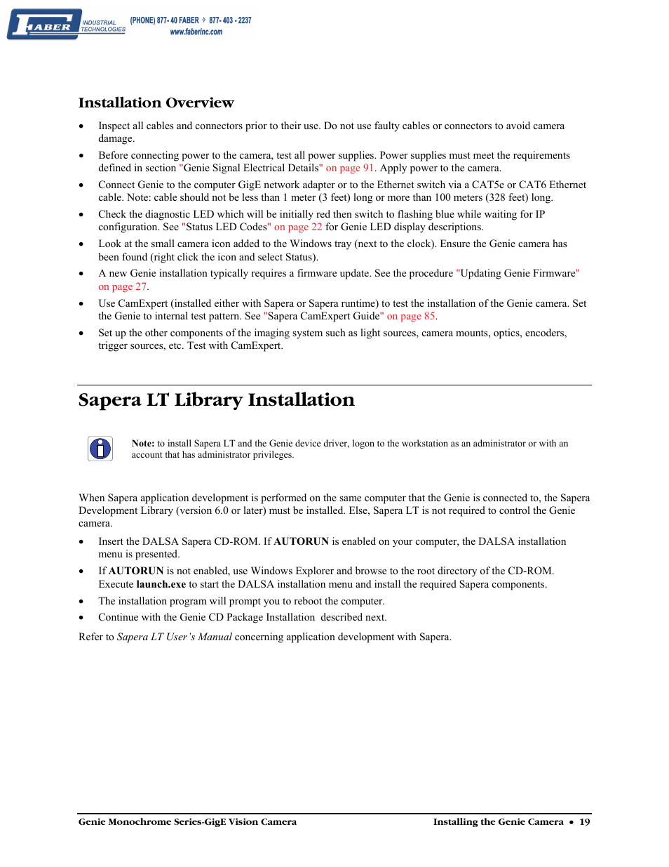 Installation overview, Sapera lt library installation | Faber Genie M1600 User Manual | Page 21 / 127