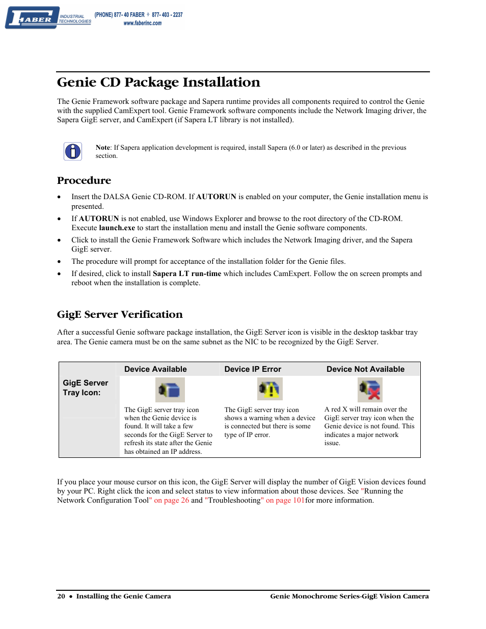Genie cd package installation, Procedure, Gige server verification | E genie cd package installation descri | Faber Genie M1600 User Manual | Page 22 / 127