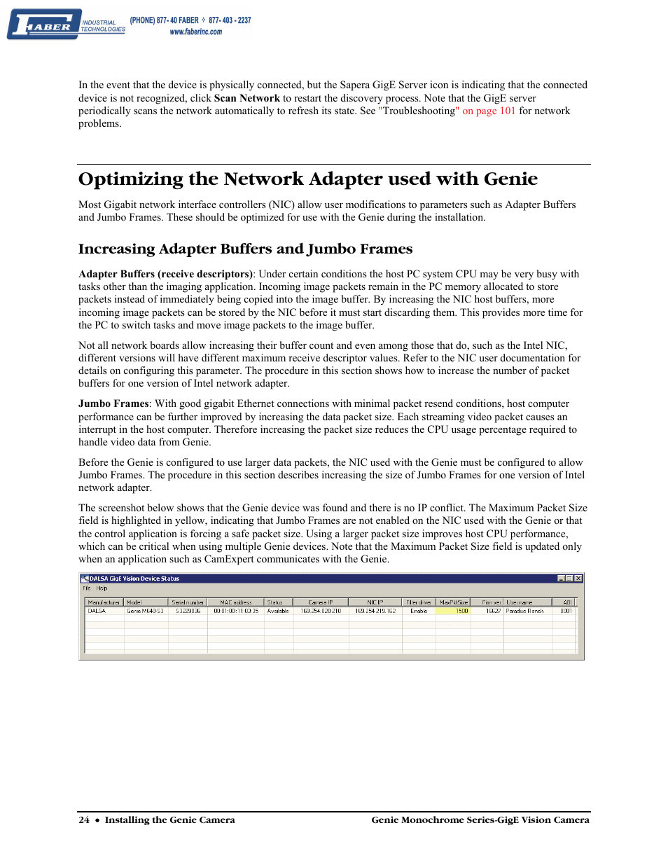 Optimizing the network adapter used with genie, Increasing adapter buffers and jumbo frames | Faber Genie M1600 User Manual | Page 26 / 127