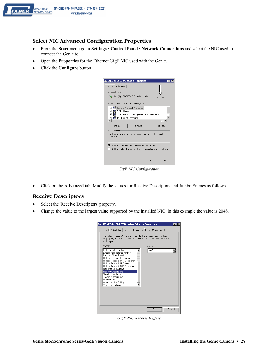 Select nic advanced configuration properties, Receive descriptors | Faber Genie M1600 User Manual | Page 27 / 127