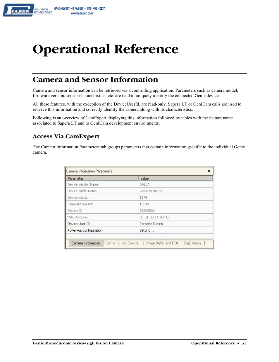Operational reference, Camera and sensor information, Access via camexpert | Faber Genie M1600 User Manual | Page 33 / 127