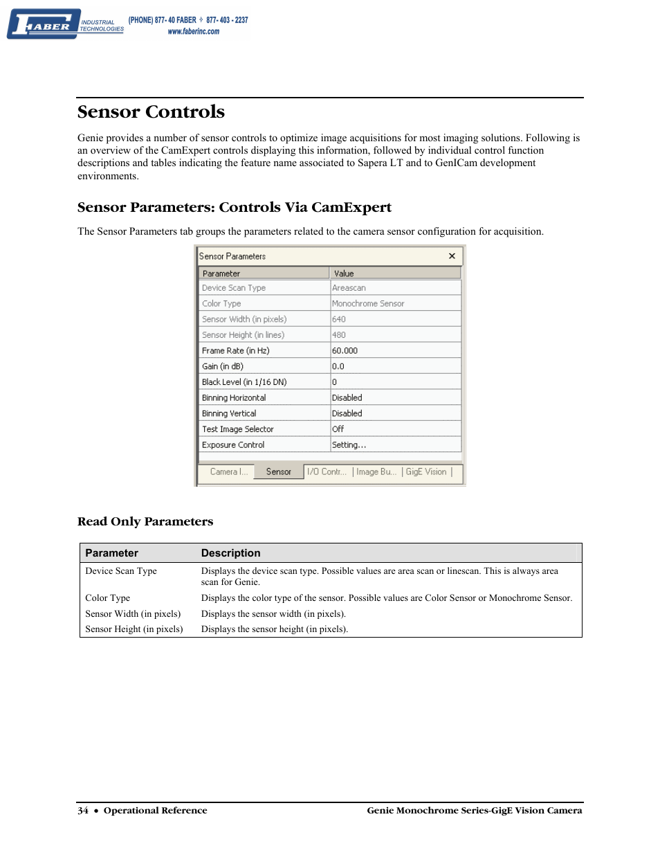 Sensor controls, Sensor parameters: controls via camexpert | Faber Genie M1600 User Manual | Page 36 / 127