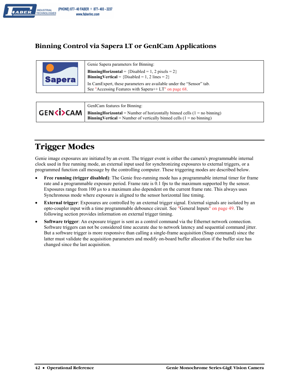 Trigger modes, Sapera | Faber Genie M1600 User Manual | Page 44 / 127