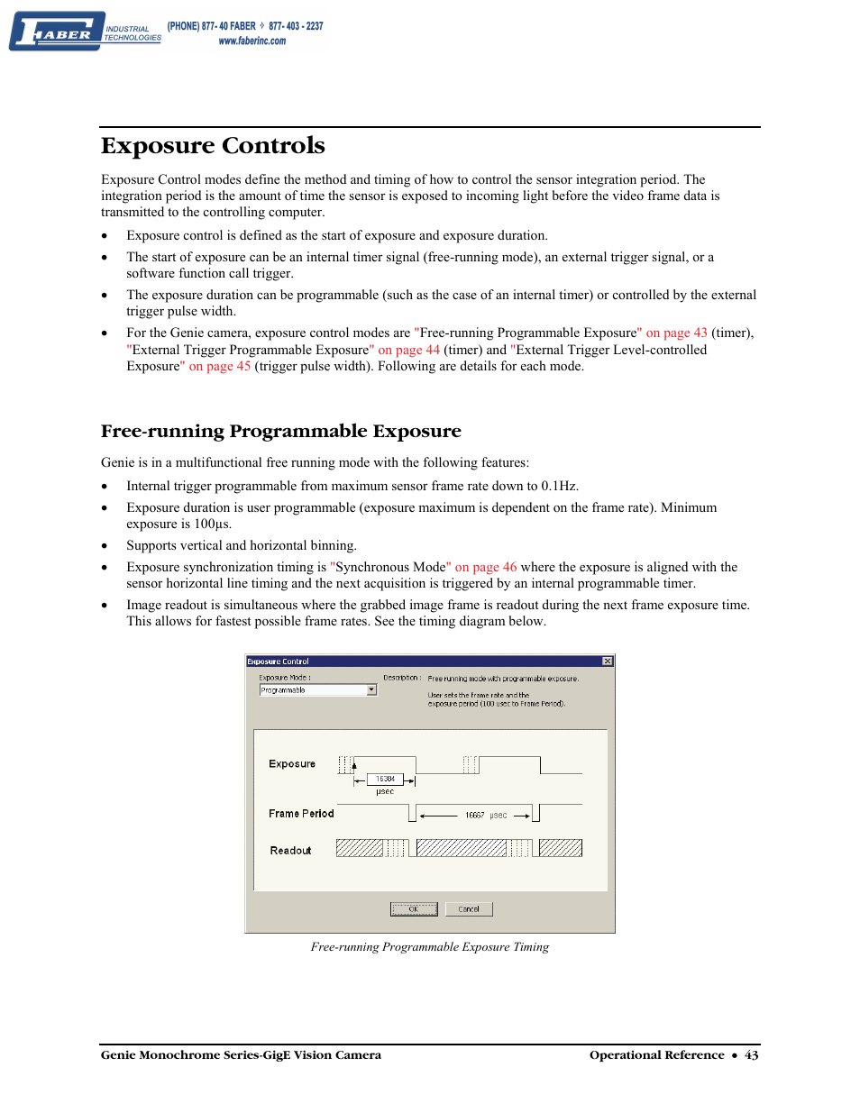 Exposure controls, Free-running programmable exposure, Exposure | Controls | Faber Genie M1600 User Manual | Page 45 / 127