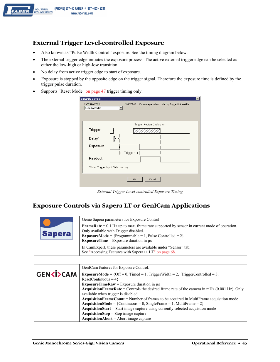 External trigger level-controlled exposure, External trigger level-controlled, Exposure | Sapera | Faber Genie M1600 User Manual | Page 47 / 127